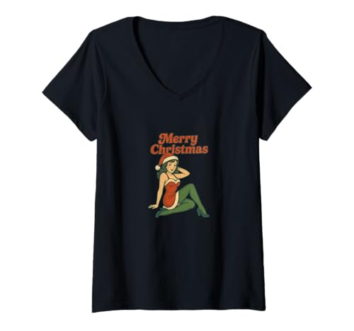 Damen Pinup Girl Retro-Kunst im Vintage-Look „Frohe Weihnachten“ T-Shirt mit V-Ausschnitt von Scarlet Sleigh Studios