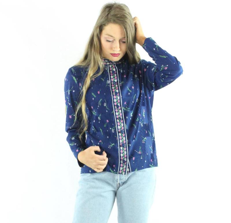 70Er Jahre Blaue Blumen Bluse Medium M von ScarletFury