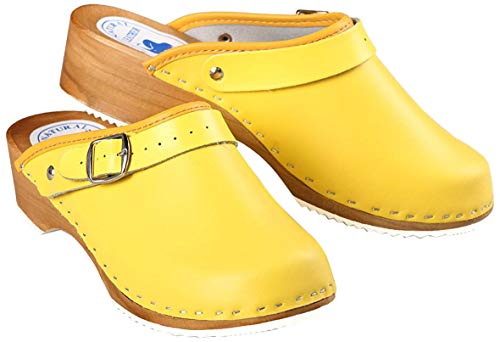 Aves-24 Clogs Pantolette Sandalette Holz + Leder Holzclogs Gr. 36-41 Holzschuhe (37, Gelb) von Aves-24