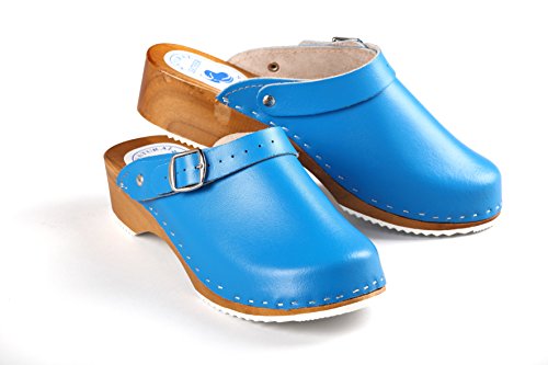 Aves-24 Clogs Pantolette Sandalette Holz + Leder Holzclogs Gr. 36-41 Holzschuhe (37, Blau) von Aves-24