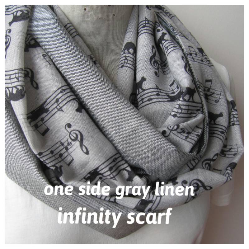 Tierschal-Katzenschal-Tierleinen-Endlosschal /Hellgrauschwarzer Langer Schal-Musiknotenschal-Herrenschal-Damenschal von Scarves2012