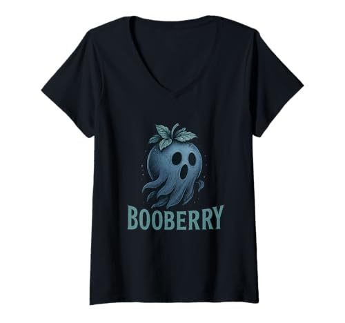 Damen Halloween Shirt Booberry Geist Blaubeere Kürbis Lustig T-Shirt mit V-Ausschnitt von Scary Booberry Geist Blaubeere Kürbis Halloween