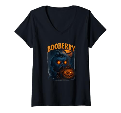 Damen Halloween Shirt Booberry Geist Blaubeere Kürbis Lustig T-Shirt mit V-Ausschnitt von Scary Booberry Geist Blaubeere Kürbis Halloween