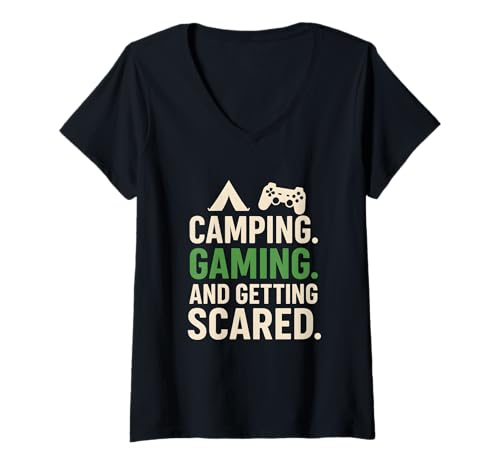 Damen Camping Gaming And Getting Scared Horror Gamer Design T-Shirt mit V-Ausschnitt Damen Camping Gaming And Getting Scared Horror Gamer Design T-Shirt mit V-Ausschnitt von Scary Camper Gaming Vibes