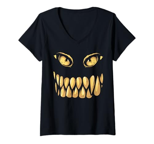 Damen Gruseliges Gesicht Monster gelbe Augen Zähne Lustiges Kostüm T-Shirt mit V-Ausschnitt von Scary Face Monster Yellow Eyes Funny Halloween