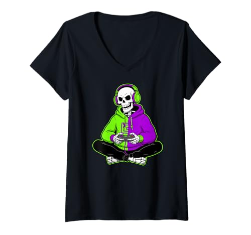 Damen Skelett Gamer Halloween Gaming T-Shirt mit V-Ausschnitt Damen Skelett Gamer Halloween Gaming T-Shirt mit V-Ausschnitt von Scary Gamer Halloween Designs