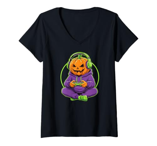 Damen Pumpkin Gamer Halloween-Gaming T-Shirt mit V-Ausschnitt Damen Pumpkin Gamer Halloween-Gaming T-Shirt mit V-Ausschnitt von Scary Gamer Halloween Gaming Designs