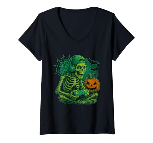 Damen Lustiges Gamer Skelett Halloween Zocker T-Shirt T-Shirt mit V-Ausschnitt Damen Lustiges Gamer Skelett Halloween Zocker T-Shirt T-Shirt mit V-Ausschnitt von Scary Gaming Skeleton Funny Halloween Gamer Gift