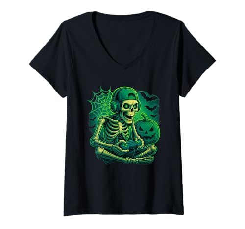 Damen Lustiges Gamer Skelett Halloween Zocker T-Shirt T-Shirt mit V-Ausschnitt Damen Lustiges Gamer Skelett Halloween Zocker T-Shirt T-Shirt mit V-Ausschnitt von Scary Gaming Skeleton Funny Halloween Gamer Gift