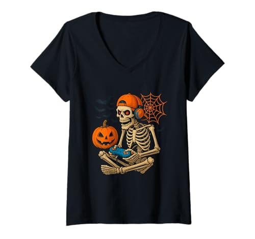 Damen Lustiges Gamer Skelett Halloween Zocker T-Shirt T-Shirt mit V-Ausschnitt Damen Lustiges Gamer Skelett Halloween Zocker T-Shirt T-Shirt mit V-Ausschnitt von Scary Gaming Skeleton Funny Halloween Gamer Gift