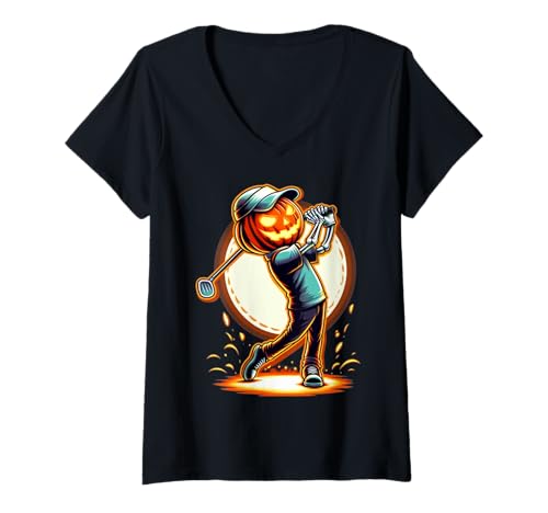 Damen Lustiges Halloween-Golfer-Kürbis-Skelett T-Shirt mit V-Ausschnitt von Scary Golf Swing Pumpkin Skeleton Halloween