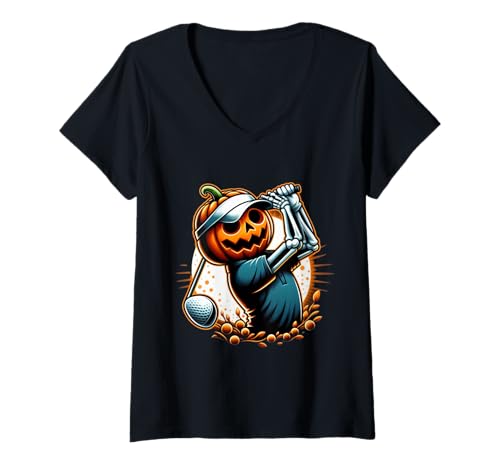 Damen Lustiges Halloween-Golfer-Kürbis-Skelett T-Shirt mit V-Ausschnitt von Scary Golf Swing Pumpkin Skeleton Halloween