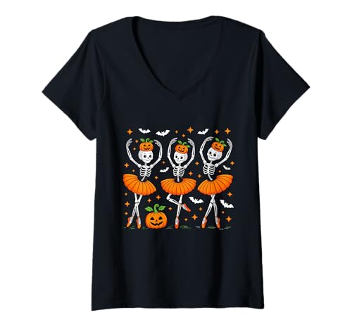 Damen Halloween Ballett-Skelette Kürbis Männer Frauen Kinder T-Shirt mit V-Ausschnitt von Scary Halloween Ballet Skeleton Dance Apparel