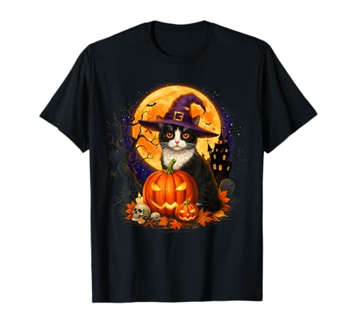 Retro Schwarze Katze Halloween Kürbis Kostüm für Männer Frauen Kinder T-Shirt von Scary Halloween Black Cat Witch Hat And Pumpkin te