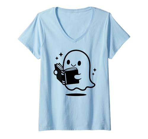 Damen Halloween Lesen Cartoon Buch T-Shirt mit V-Ausschnitt von Scary Halloween Book Reading