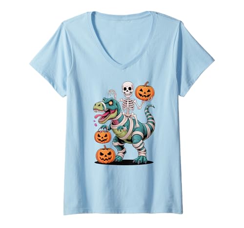 Damen Skelett Reiten Dinosaurier Halloween T-Shirt mit V-Ausschnitt von Scary Halloween Dinosaurs Pumpkin