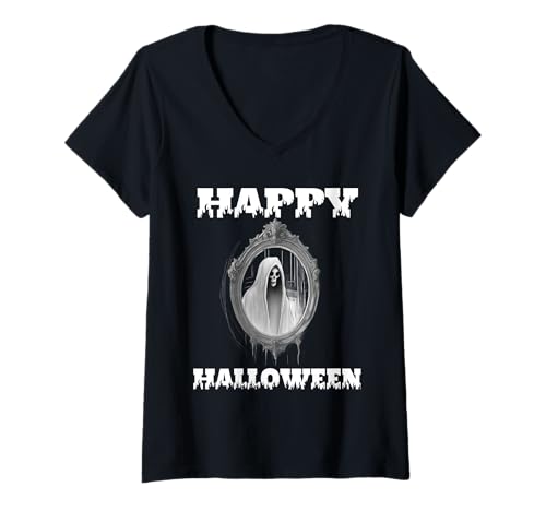 Damen Fröhliches Halloween-Kostüm „Gespenst, Geist oder Ghul im Spiegel“ T-Shirt mit V-Ausschnitt von Scary Halloween Gear