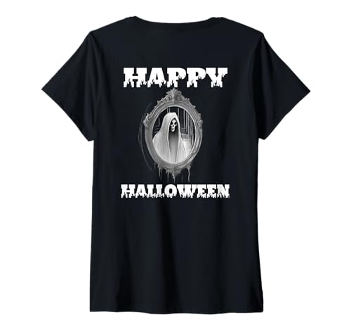 Damen Fröhliches Halloween-Kostüm „Gespenst, Geist oder Ghul im Spiegel“ T-Shirt mit V-Ausschnitt von Scary Halloween Gear