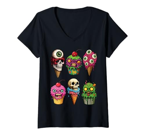 Damen Halloween Eiscreme & Cupcake Monster Lustig Horror Gruselig T-Shirt mit V-Ausschnitt Damen Halloween Eiscreme & Cupcake Monster Lustig Horror Gruselig T-Shirt mit V-Ausschnitt von Scary Halloween Ice Cream