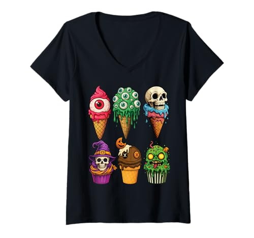 Damen Halloween Eiscreme & Cupcake Monster Lustig Horror Gruselig T-Shirt mit V-Ausschnitt von Scary Halloween Ice Cream