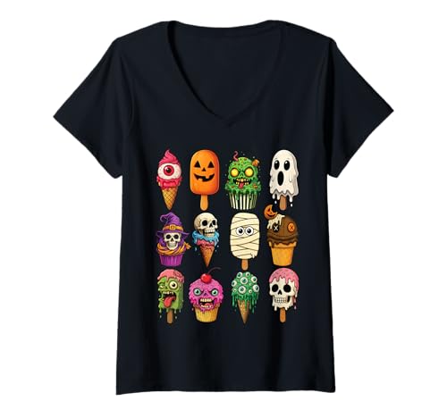 Damen Halloween Eiscreme & Cupcake Monster Lustig Horror Gruselig T-Shirt mit V-Ausschnitt von Scary Halloween Ice Cream