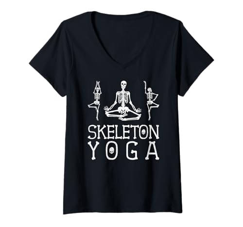 Damen Lustiges Skelett-Yoga, Halloween T-Shirt mit V-Ausschnitt von Scary Halloween Night
