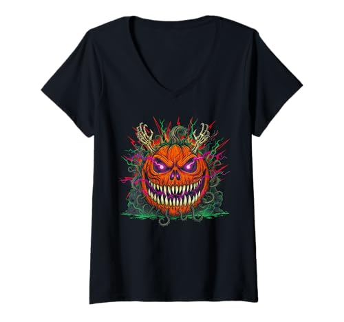 Damen Furchtsamer Halloween-Kürbis-lustiger Entwurf für Halloween T-Shirt mit V-Ausschnitt Damen Furchtsamer Halloween-Kürbis-lustiger Entwurf für Halloween T-Shirt mit V-Ausschnitt von Scary Halloween Pumpkin Shop