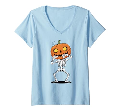 Damen Kürbiskopf Skelett Halloween T-Shirt mit V-Ausschnitt von Scary Halloween Pumpkin Skeleton Cartoon