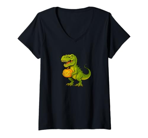 Damen T-Rex Tyrannosaurus Rex Pumpkin — Untoter Scare Boo Spook T-Shirt mit V-Ausschnitt von Scary Halloween Spooky Apparel for Men Women by RJ