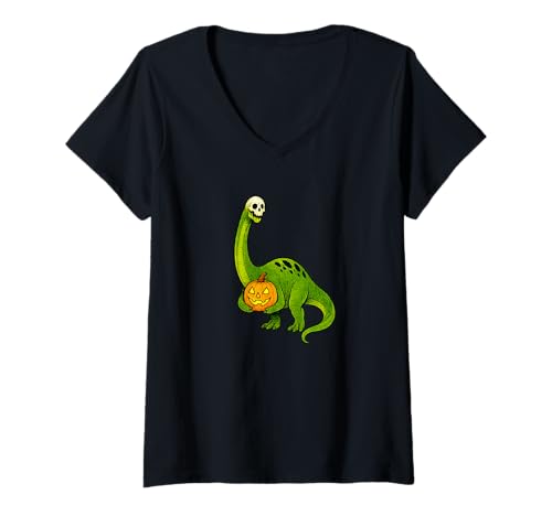 Damen Zombie Brontosaurus Dinosaurier Dino - Undead Scare Boo Spook T-Shirt mit V-Ausschnitt von Scary Halloween Spooky Apparel for Men Women by RJ