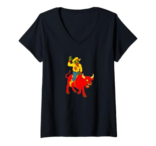 Damen Zombie Bull Rider Reiten Cowboy Rodeo Undead Scare Boo Spook T-Shirt mit V-Ausschnitt Damen Zombie Bull Rider Reiten Cowboy Rodeo Undead Scare Boo Spook T-Shirt mit V-Ausschnitt von Scary Halloween Spooky Apparel for Men Women by RJ