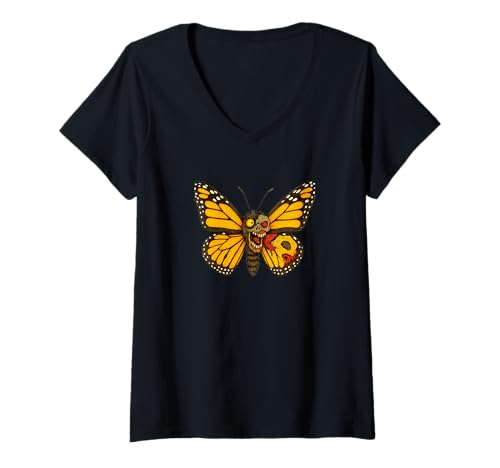 Damen Zombie Butterfly Monarc - Undead Scare Boo Spook T-Shirt mit V-Ausschnitt von Scary Halloween Spooky Apparel for Men Women by RJ