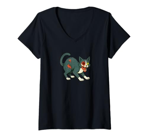 Damen Zombie Smoking Cat - Undead Scare Boo Spook T-Shirt mit V-Ausschnitt von Scary Halloween Spooky Apparel for Men Women by RJ