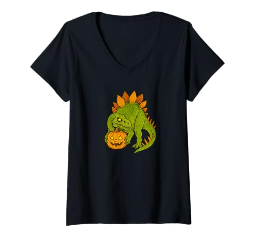 Damen Zombie Stegosaurus Dinosaurier Dino - Undead Scare Boo Spook T-Shirt mit V-Ausschnitt von Scary Halloween Spooky Apparel for Men Women by RJ