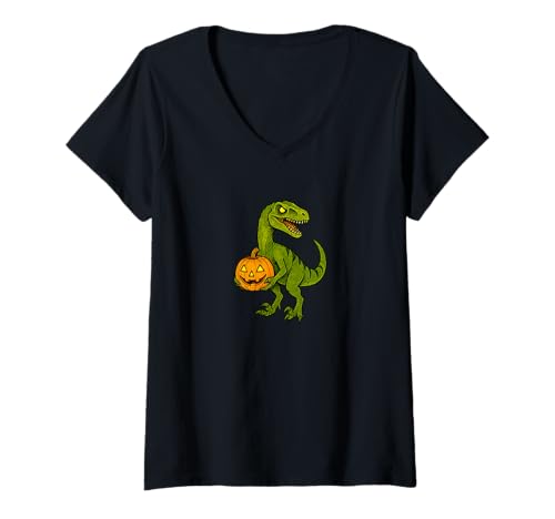 Damen Zombie Velociraptor Raptor Dinosaurier Undead Scare Boo Spook T-Shirt mit V-Ausschnitt von Scary Halloween Spooky Apparel for Men Women by RJ