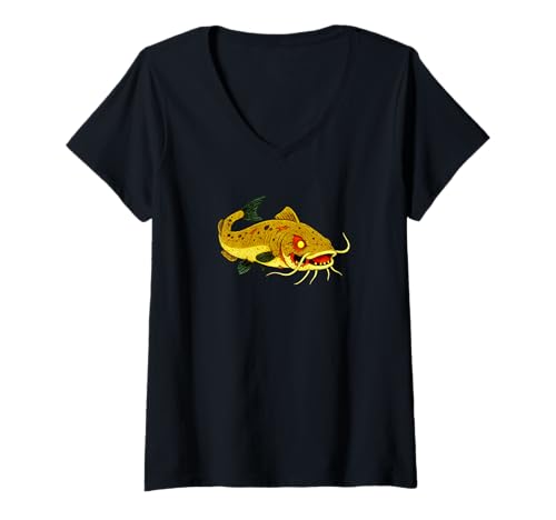 Damen Zombie Wels Angeln Fisherman - Undead Scare Boo Spook T-Shirt mit V-Ausschnitt von Scary Halloween Spooky Apparel for Men Women by RJ