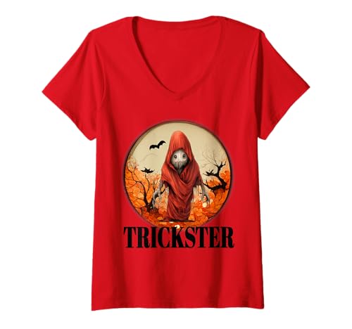 Damen Gruseliger Halloween Trickster erschreckend gruselige Satire Ghoul T-Shirt mit V-Ausschnitt Damen Gruseliger Halloween Trickster erschreckend gruselige Satire Ghoul T-Shirt mit V-Ausschnitt von Scary Halloween Trickster Sapphire Star