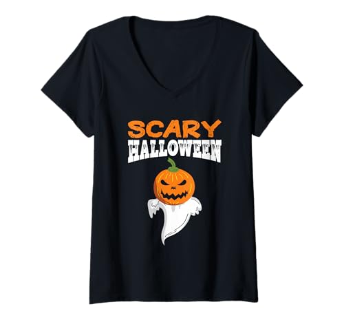 Damen Gruseliges Halloween Kürbis Halloween Herbst Kürbis Kostüm T-Shirt mit V-Ausschnitt von Scary Halloween