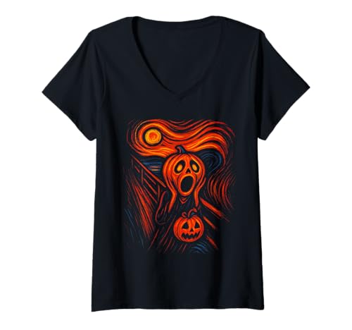 Damen Halloween Pumpkin Scream - Spooky Art Design T-Shirt T-Shirt mit V-Ausschnitt von Scary Horror Creepy Halloween Party Costume Shirt