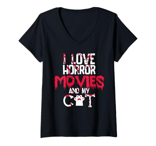 Damen Horror Movies Scary Film Cat Lovers Halloween Fans Thriller T-Shirt mit V-Ausschnitt Damen Horror Movies Scary Film Cat Lovers Halloween Fans Thriller T-Shirt mit V-Ausschnitt von Scary Horror Movie Halloween Apparel Cat Lovers