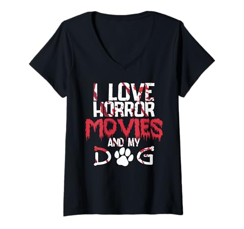 Damen Horrorfilme Gruselfilm Hundeliebhaber Halloween Fans Thriller T-Shirt mit V-Ausschnitt von Scary Horror Movie Halloween Apparel Dog Lovers