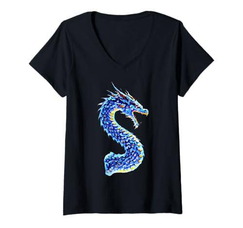 Damen Blauer Spiraldrache mit Schuppen, vertikales Serpentinen-Design T-Shirt mit V-Ausschnitt von Scary Knight Clothing