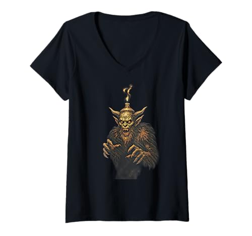 Damen Bramrachokh Laterne Geist Kaschmiri Folklore Kreatur Kunst T-Shirt mit V-Ausschnitt von Scary Knight Clothing