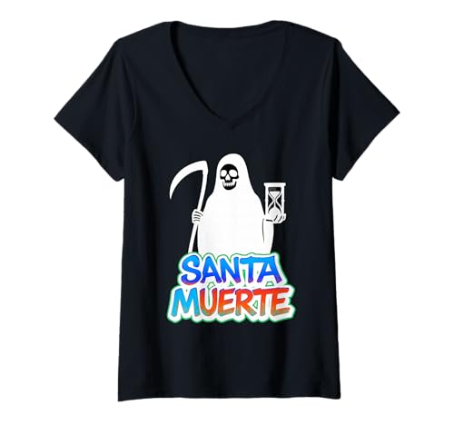 Damen Graffiti-Stil Santa Muerte Urban Street Art Design T-Shirt mit V-Ausschnitt von Scary Knight Clothing