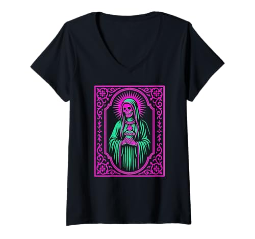 Damen Heiliger Tod Santa Muerte Volksgebet Design T-Shirt mit V-Ausschnitt von Scary Knight Clothing