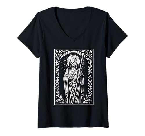 Damen Nuestra Senora Santa Muerte Andachtsmotiv T-Shirt mit V-Ausschnitt von Scary Knight Clothing