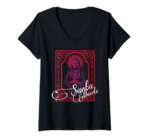 Damen Santa Muerte Andachts-Emblem, Gothic-Gebetskarte T-Shirt mit V-Ausschnitt von Scary Knight Clothing