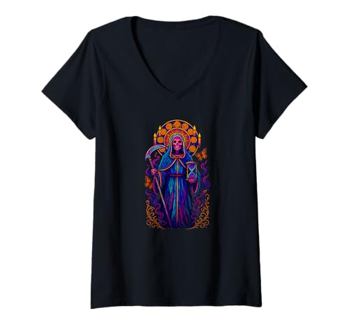 Damen Santa Muerte Buntglas-Sense Sanduhr Mexikanische Volkskunst T-Shirt mit V-Ausschnitt von Scary Knight Clothing