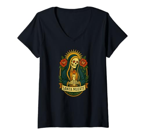 Damen Santa Muerte Gebetskarte Kerze & Rosen T-Shirt mit V-Ausschnitt von Scary Knight Clothing
