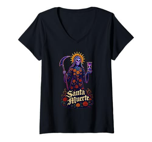 Damen Santa Muerte mit Ringelblumen und Schmetterlingen, kosmische Sanduhr T-Shirt mit V-Ausschnitt von Scary Knight Clothing